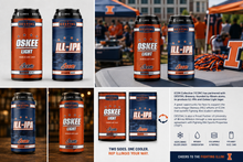 Collage of Oskee Light and ILL-IPA beer cans with promotional text about a partnership with the Illinois Fighting Illini.