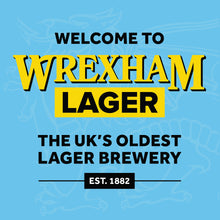 A blue magnet with 'Wrexham Lager' text in yellow, highlighting the UK's oldest lager brewery, established in 1882.